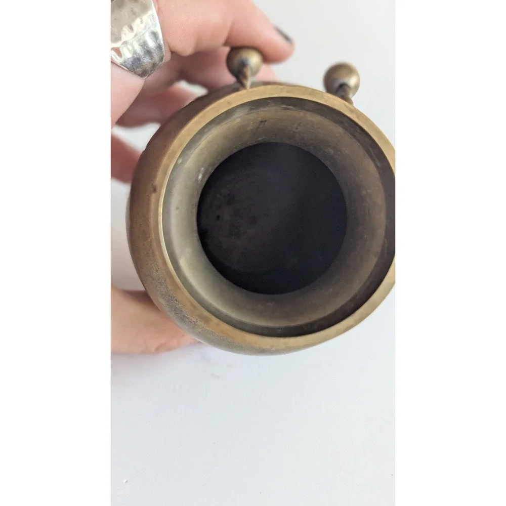 Vintage Brass Bud Vase with Twisted Rope Accent and Sphere Finials Patina 4.75